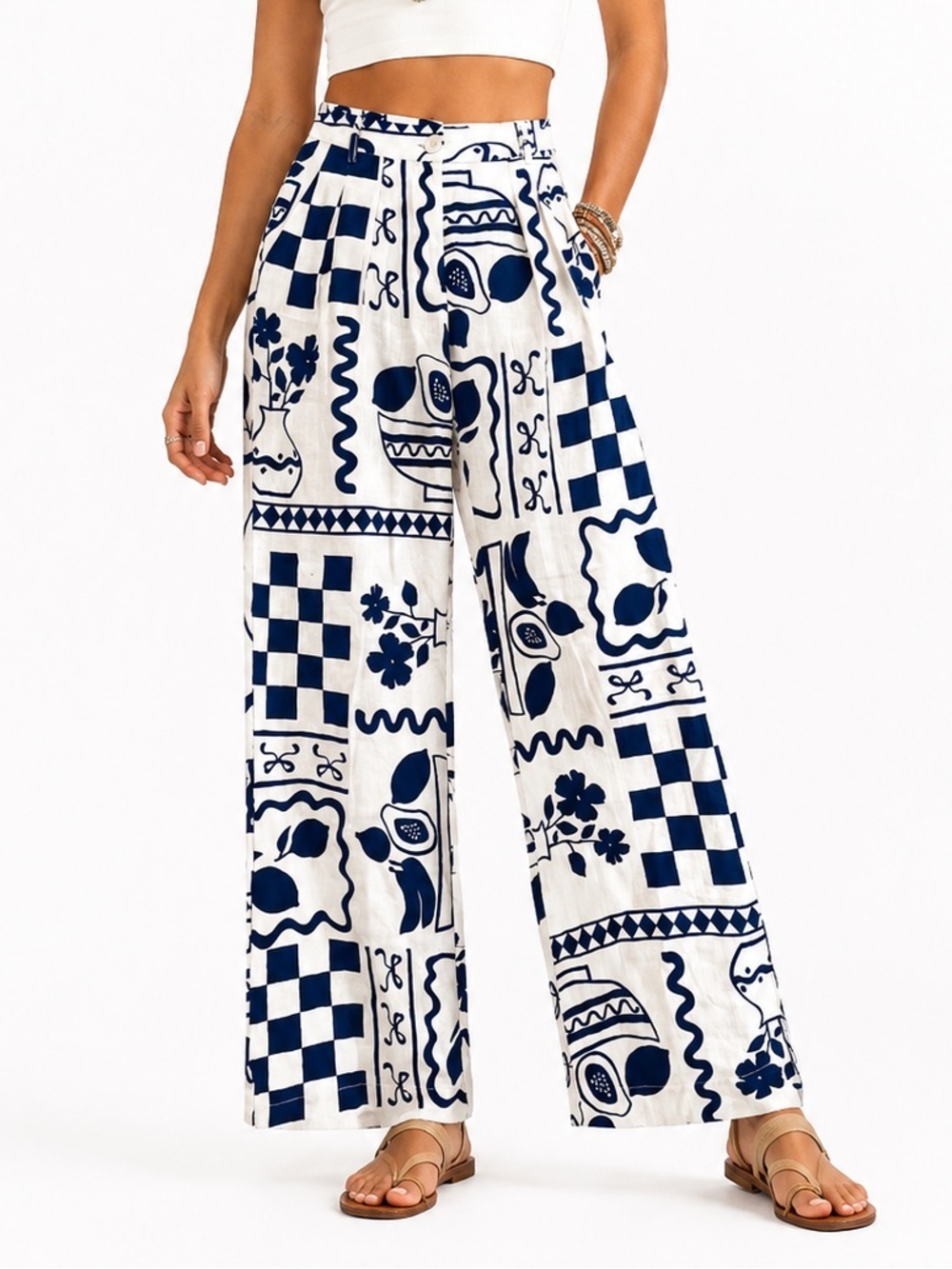 Bailey Rose wide-leg pant white blue coastal stamp print palazzo boho cottage XS